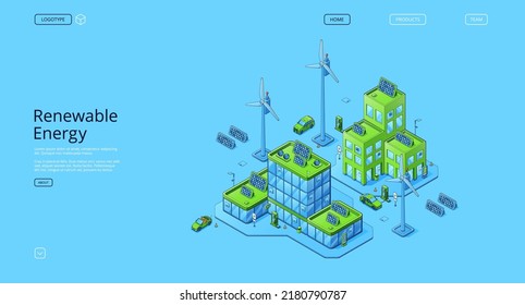 Renewable energy isometric landing page. Clean power, sources of green ecologically alternative energetics, weather station with windmills and solar panels, eco city 3d vector line art web banner