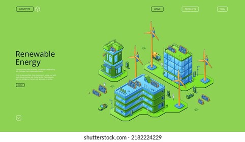 Renewable energy isometric landing page. Clean power, sources of green ecologically alternative energetics, weather station with windmills and solar panels, eco city 3d vector line art web banner