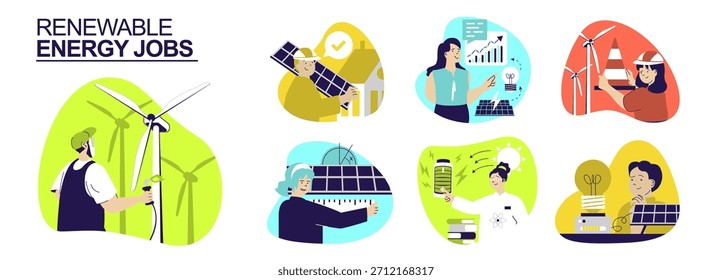 Renewable energy jobs concept set for web design. Collection with people working as technicians at wind turbines or solar panels stations, engineers analyzing energy sources data. Vector illustration.