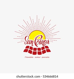 Renewable energy label with hand lettered text 'Sun power' isolated on gray