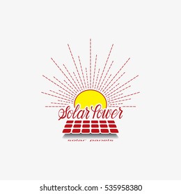 Renewable energy label with hand lettered text 'Solar power' isolated on gray