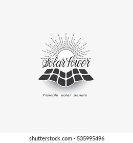 Renewable energy label with hand lettered text 'Solar power' isolated on gray