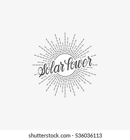 Renewable energy labels with hand lettered text 'Solar power' isolated on gray.
