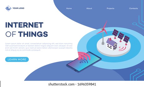 Renewable energy landing page vector template with isometric illustration. Eco friendly electricity source. Smart home solar panel and windmill. Website interface design. Webpage 3d concept