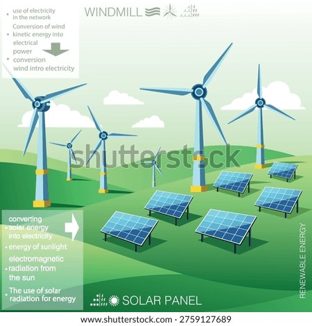 Renewable energy. Landscape with a solar panel and a windmill. Vector illustration. Vector illustration