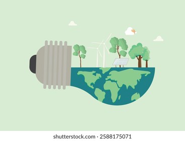 Renewable Energy Lightbulb Earth Environmental Conservation. lightbulb with Earth, featuring solar panels, wind turbines and trees. Sustainable energy solutions and environmental conservation. Vector 