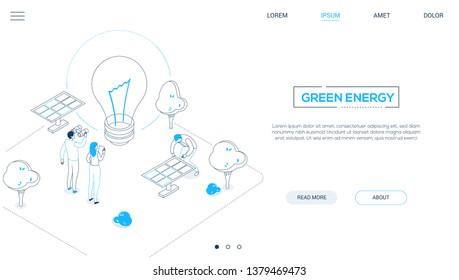 Renewable Energy - Line Design Style Isometric Web Banner With Copy Space For Text. Website Header With Male, Female Characters Looking At A Big Lightbulb, Solar Panels, Trees.  