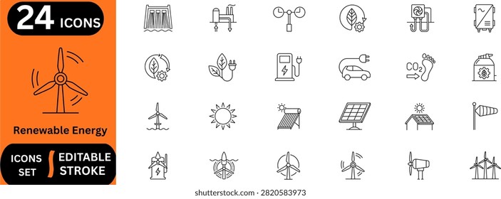 Renewable energy line editable icon set. Containing solar panel, wind turbine, electric vehicle, carbon footprint, hydroelectric dam, green plug, and more. Editable stroke. Vector illustration