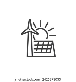 Icono de línea de Energía Renovable. signo de estilo lineal para concepto móvil y diseño web. Icono de vector de contorno de turbina de viento y panel solar. Símbolo, ilustración del logotipo. Gráficos vectoriales