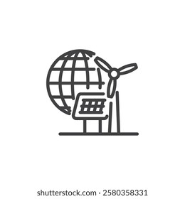 Renewable Energy line icon. linear style sign for mobile concept and web design. A globe with a solar panel and wind turbine outline vector icon. Sustainable resource symbol, logo illustration