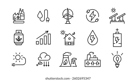 Renewable energy line icon set. Energy, efficiency, solar energy, green, sunlight, wind, and water outline icon collection. UI thin outline icon pack