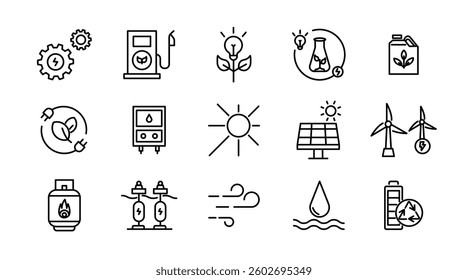 Renewable energy line icon set. Energy, efficiency, solar energy, green, sunlight, wind, and water outline icon collection. UI thin outline icon pack