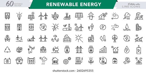 Renewable energy line icon set. Energy, efficiency, solar energy, green, sunlight, wind, and water outline icon collection. UI thin outline icon pack