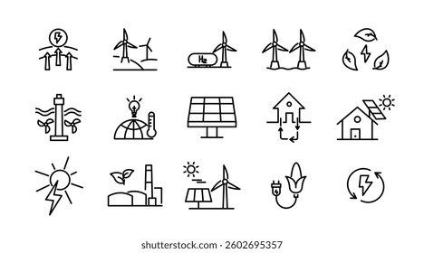 Renewable energy line icon set. Energy, efficiency, solar energy, green, sunlight, wind, and water outline icon collection. UI thin outline icon pack