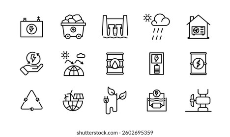 Renewable energy line icon set. Energy, efficiency, solar energy, green, sunlight, wind, and water outline icon collection. UI thin outline icon pack