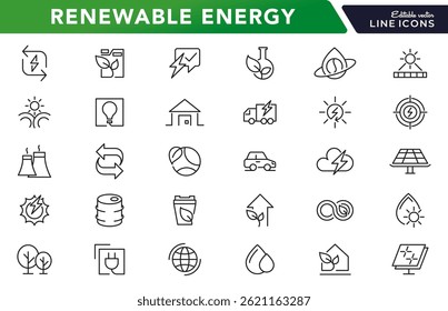 Conjunto de ícones da linha de Energia Renovável. Tecnologia verde, energia, energia, fornecimento, ecologia, eco, eletricidade, neutro, folha, natureza, solar, painel vetor linha ícone conjunto. Pacote de ícones de linha fina da interface do usuário.