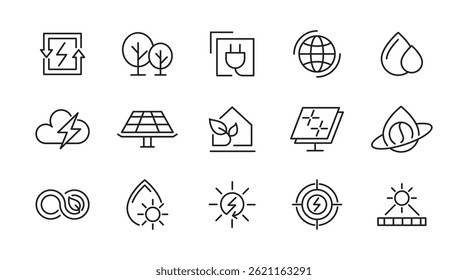 Renewable Energy line icon set. Green technology, energy, power, supply, ecology, eco, electricity, neutral, leaf, nature, solar, panel vector line icon set. Ui thin line icon pack.