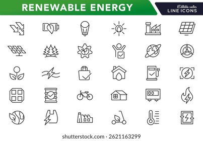 Renewable Energy line icon set. Green technology, energy, power, supply, ecology, eco, electricity, neutral, leaf, nature, solar, panel vector line icon set. Ui thin line icon pack.