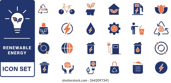 Renewable energy line icon set. Energy, efficiency, solar energy, green, sunlight, wind, and water outline icon collection.