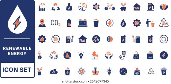 Renewable energy line icon set. Energy, efficiency, solar energy, green, sunlight, wind, and water outline icon collection.