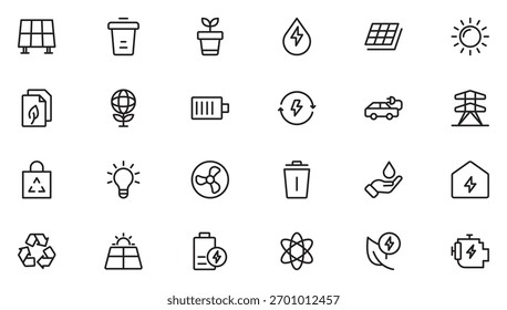 Conjunto de ícones da linha de energia renovável. Energia, eficiência, energia solar, verde, luz solar, vento. Pacote fino de ícones de estrutura de tópicos. Ilustração vetorial