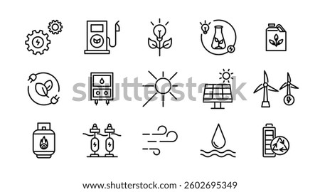 Renewable energy line icon set. Energy, efficiency, solar energy, green, sunlight, wind, and water outline icon collection. UI thin outline icon pack