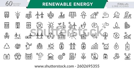 Renewable energy line icon set. Energy, efficiency, solar energy, green, sunlight, wind, and water outline icon collection. UI thin outline icon pack