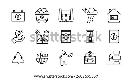 Renewable energy line icon set. Energy, efficiency, solar energy, green, sunlight, wind, and water outline icon collection. UI thin outline icon pack