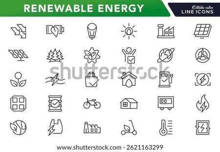 Renewable Energy line icon set. Green technology, energy, power, supply, ecology, eco, electricity, neutral, leaf, nature, solar, panel vector line icon set. Ui thin line icon pack.