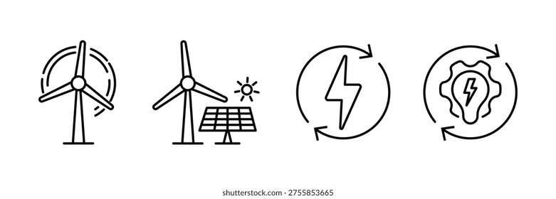 Renewable Energy Line Icons Set. Wind Turbine, Solar Panel, Power and Innovation symbol.