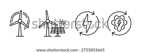 Renewable Energy Line Icons Set. Wind Turbine, Solar Panel, Power and Innovation symbol.