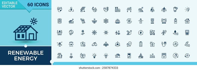 Renewable Energy line icons. Icons station, cell, mechanical, sustainable, house, low, technology, carbon. Perfect for logos and infographic. Editable vector outline and solid icons.