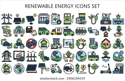 Renewable energy lineal multi color icons set. contain hydro power, power plant, wind energy, solar panel and more. use for modern concept, best for UI or UX, web and app development. vector EPS 10.