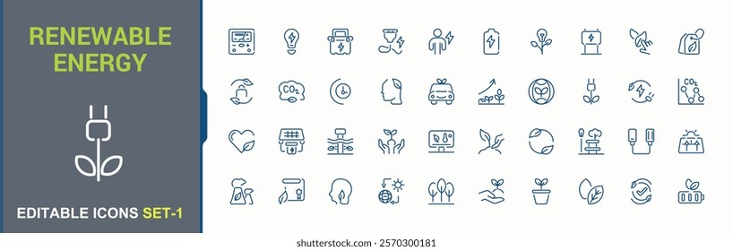 Renewable Energy linear icon collection. Contains related to reduce, hydropower, panel, hydro, thermal, biogas, environmental and more. Minimal icons. Vector icons editable stroke.