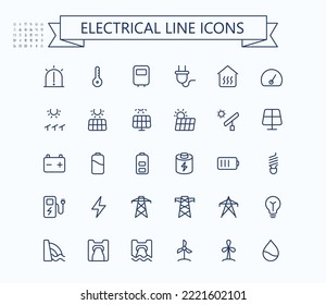 Renewable energy linear thin icons. Solar energy line icons. Editable stroke. 24x24 px. Pixel Perfect.