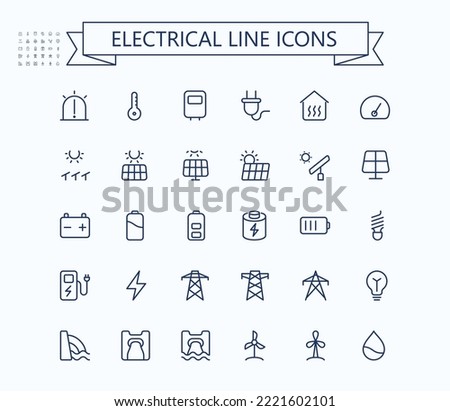 Renewable energy linear thin icons. Solar energy line icons. Editable stroke. 24x24 px. Pixel Perfect.