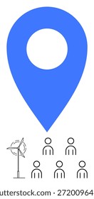 Renewable energy, location services, environmental sustainability, teamwork, ecological community projects, green technology. A blue location pin, wind turbine icon, and group of people symbols
