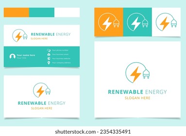 Diseño del logotipo de energía renovable con eslogan editable. Libro de promoción de marca y plantilla de tarjeta de visita.