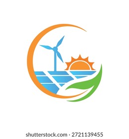 Renewable energy logo design featuring a wind turbine, solar panels, and a rising sun framed by a green leaf and an orange swoosh. Vector illustration symbolizing clean power, environmental sustainability, and eco-friendly technology.