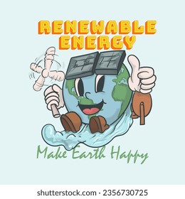 renewable energy make earth happy concept. retro earth mascot wear solar cell sunglasses and holding wind turbine. earth happy face mascot retro style vector illustration