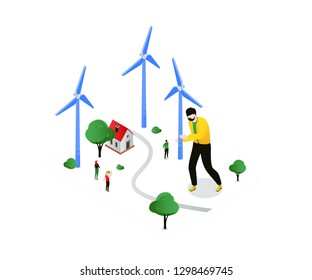 Renewable energy - modern colorful isometric vector illustration on white background. A composition with male, female characters, wind power generators, trees, cottage house, road. Ecology concept
