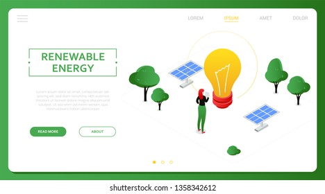 Renewable Energy - Modern Colorful Isometric Vector Web Banner On White Background With Copy Space For Text. A Header With A Woman Looking At A Big Lightbulb, Solar Panels, Trees. Ecology Concept