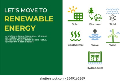 Renewable energy modern flat-style infographics, Sustainability, eco-friendly lifestyle, and energy efficiency. Includes visuals on solar power, wind energy, sustainable living, and environment