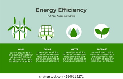 Renewable energy modern flat-style infographics, Sustainability, eco-friendly lifestyle, and energy efficiency. Includes visuals on solar power, wind energy, sustainable living, and environment