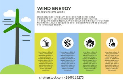 Renewable energy modern flat-style infographics, Sustainability, eco-friendly lifestyle, and energy efficiency. Includes visuals on solar power, wind energy, sustainable living, and environment