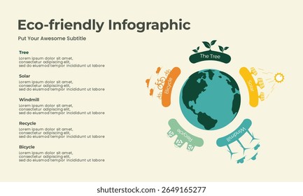 Renewable energy modern flat-style infographics, Sustainability, eco-friendly lifestyle, and energy efficiency. Includes visuals on solar power, wind energy, sustainable living, and environment