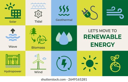Renewable energy modern flat-style infographics, Sustainability, eco-friendly lifestyle, and energy efficiency. Includes visuals on solar power, wind energy, sustainable living, and environment