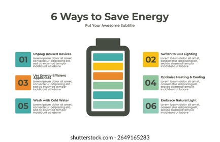 Renewable energy modern flat-style infographics, Sustainability, eco-friendly lifestyle, and energy efficiency. Includes visuals on solar power, wind energy, sustainable living, and environment