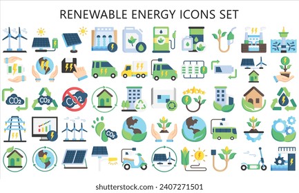 Renewable energy multi color icons set. contain hydro power, power plant, wind energy, solar panel and more. use for modern concept, best for UI or UX, web and app development. vector EPS 10.