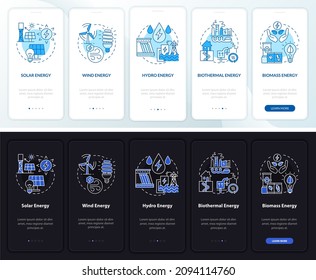 Renewable energy onboarding mobile app page screen. Power walkthrough 5 steps graphic instructions with linear concepts. UI, UX, GUI template. Night and day mode. Myriad Pro-Bold, Regular fonts used